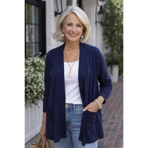 Susan Graver Womens Cardigan Sz Large Navy Blue Stretch Knit Loungewear Pockets